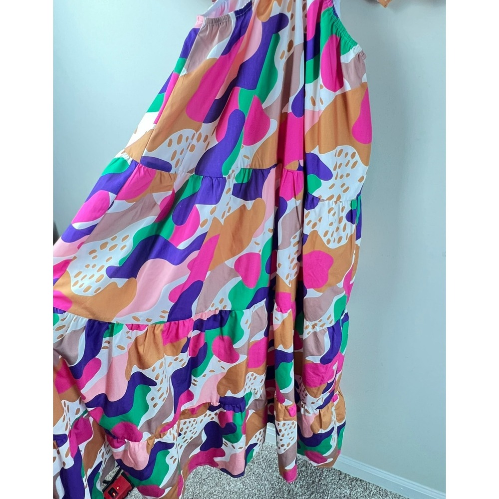 Peach Love California L Abstract Side Cutout Tiered Maxi Dress Puff Sleeve Boho - Picture 9 of 11